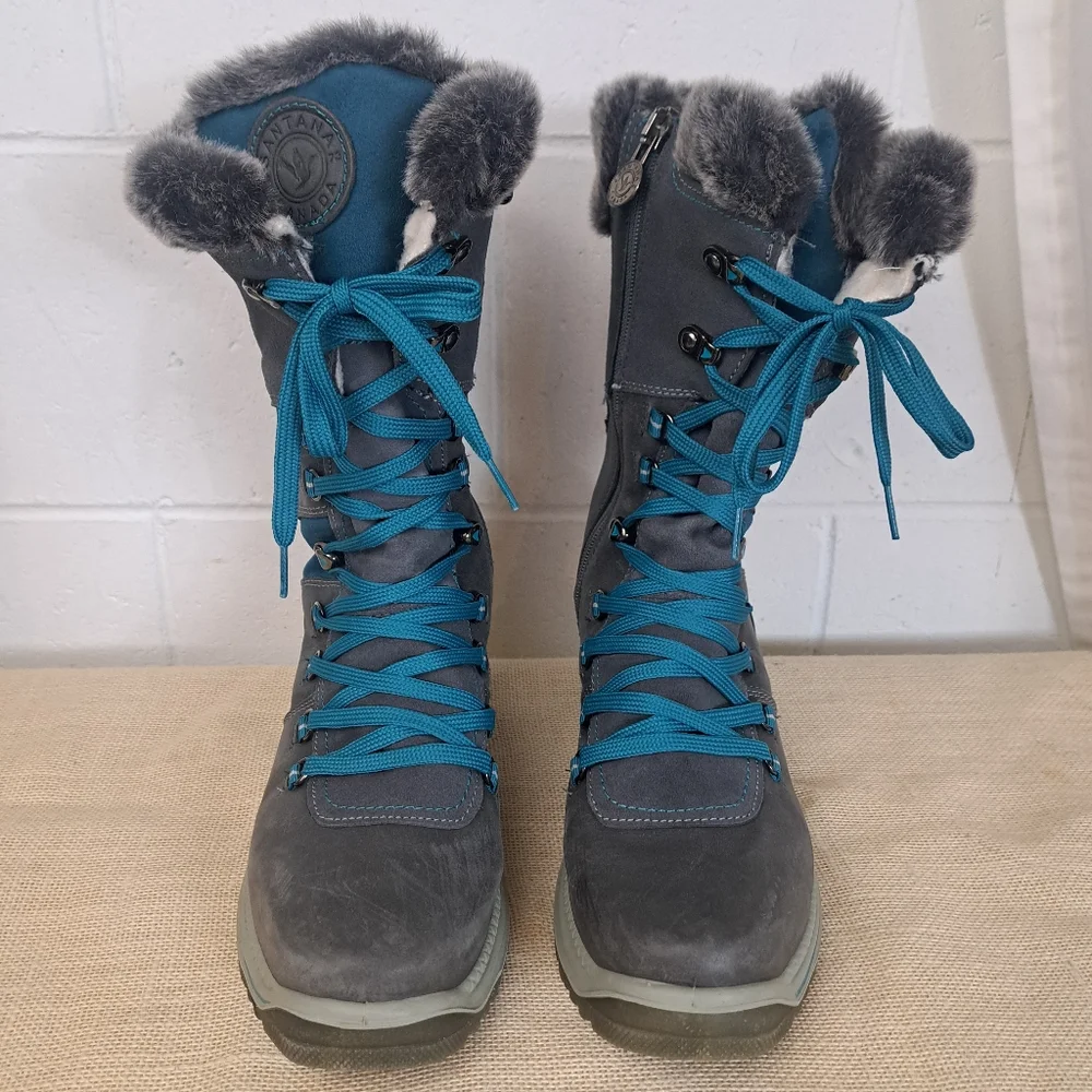 Santana Canada Marinda Grey Turquoise Tall Leather Lace Up Winter Boots 10
